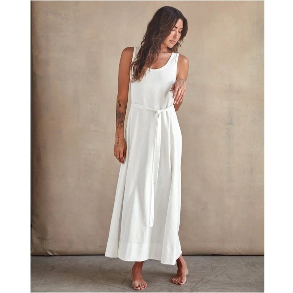 Outerknown White Sleeveless Maxi Dress with Waist Tie